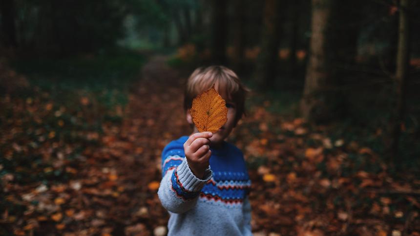 Junge spielt mit Herbstlaub