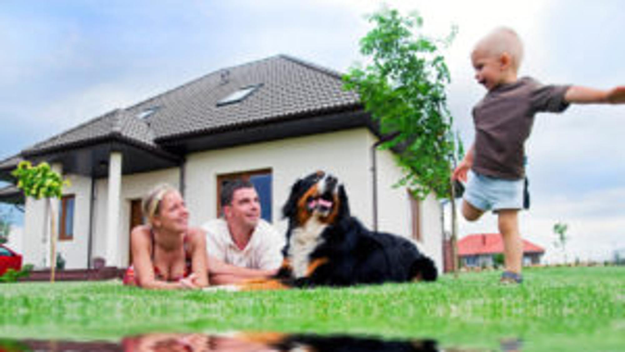 Familie mit Kind und Hund im Garten