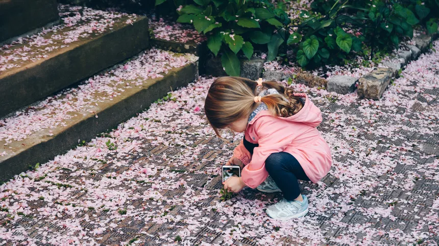 Kleines Mädchen sitzt auf dem Boden und schaut sich Blumenblätter an