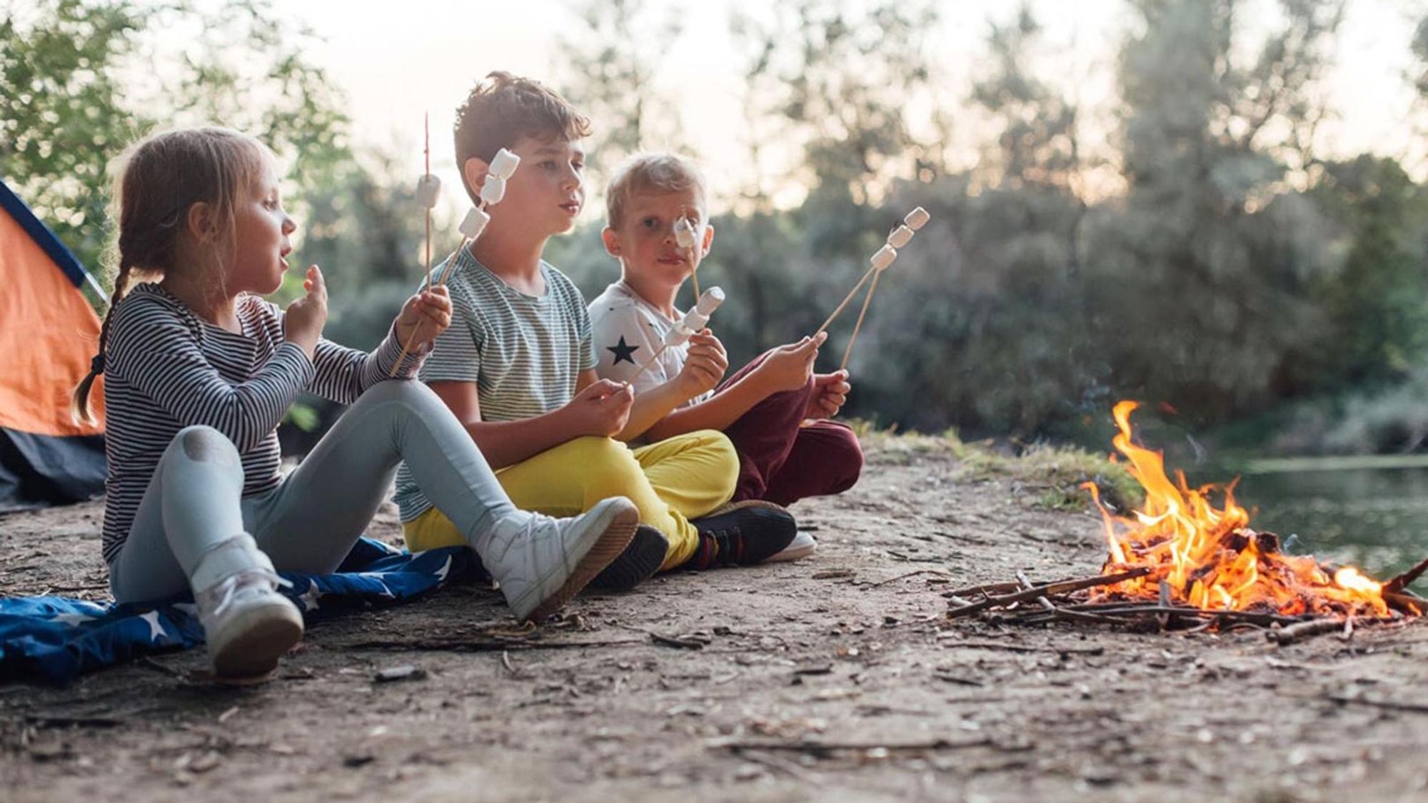 Kinder grillen Marshmallows über einem Lagerfeuer