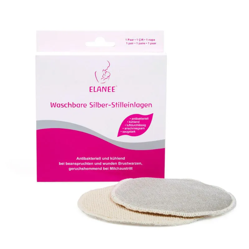 Mehrweg-Stilleinlagen (wie diese von ELANEE) gibt es aus Baumwolle oder Seide. Dieses Stillzubehör ist leider nicht so saugfähig, dafür atmungsaktiver und angenehmer auf der Haut. Außerdem sind sie waschbar.
