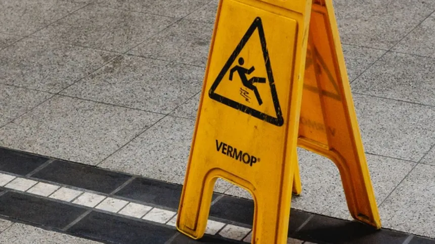 Gelbes Schild: Vorsicht nasser Boden