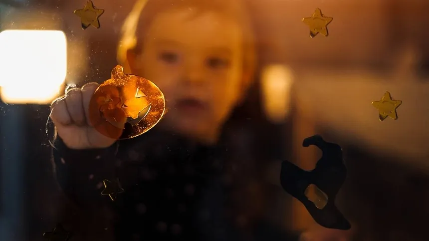 Kind klebt Herbst-Fensterbild an die Scheibe und spielt damit