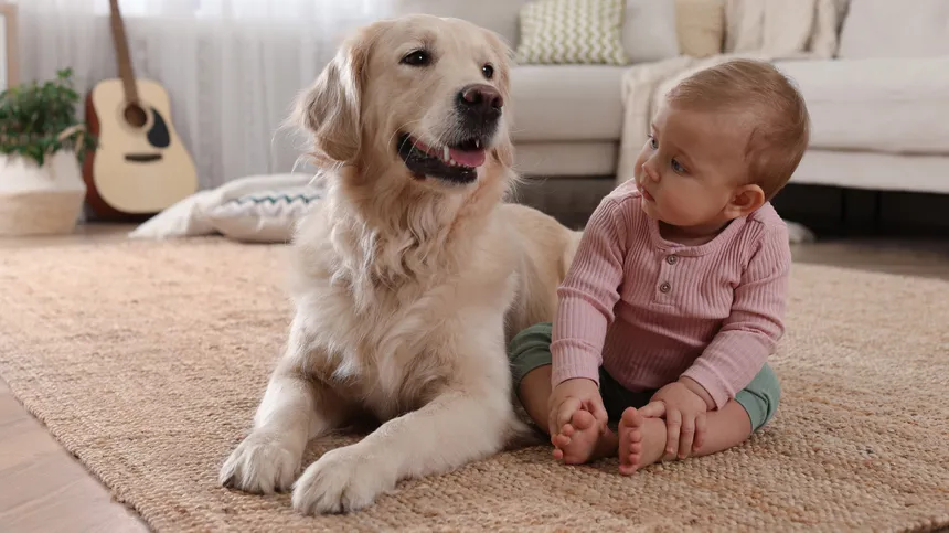 Hund und kleines Baby liegen auf dem Teppich