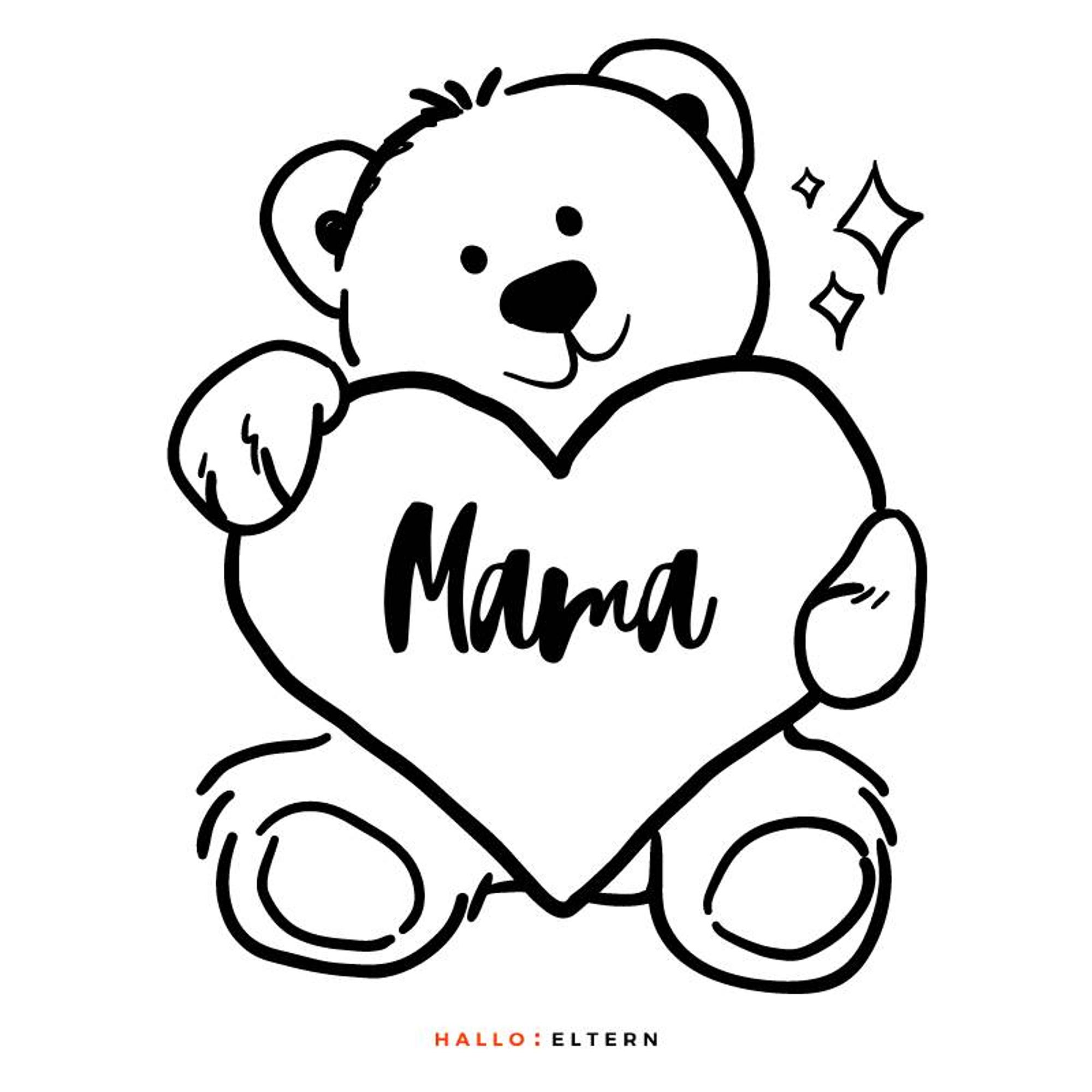 Ausmalbild zum Muttertag: Herz mit Teddybär