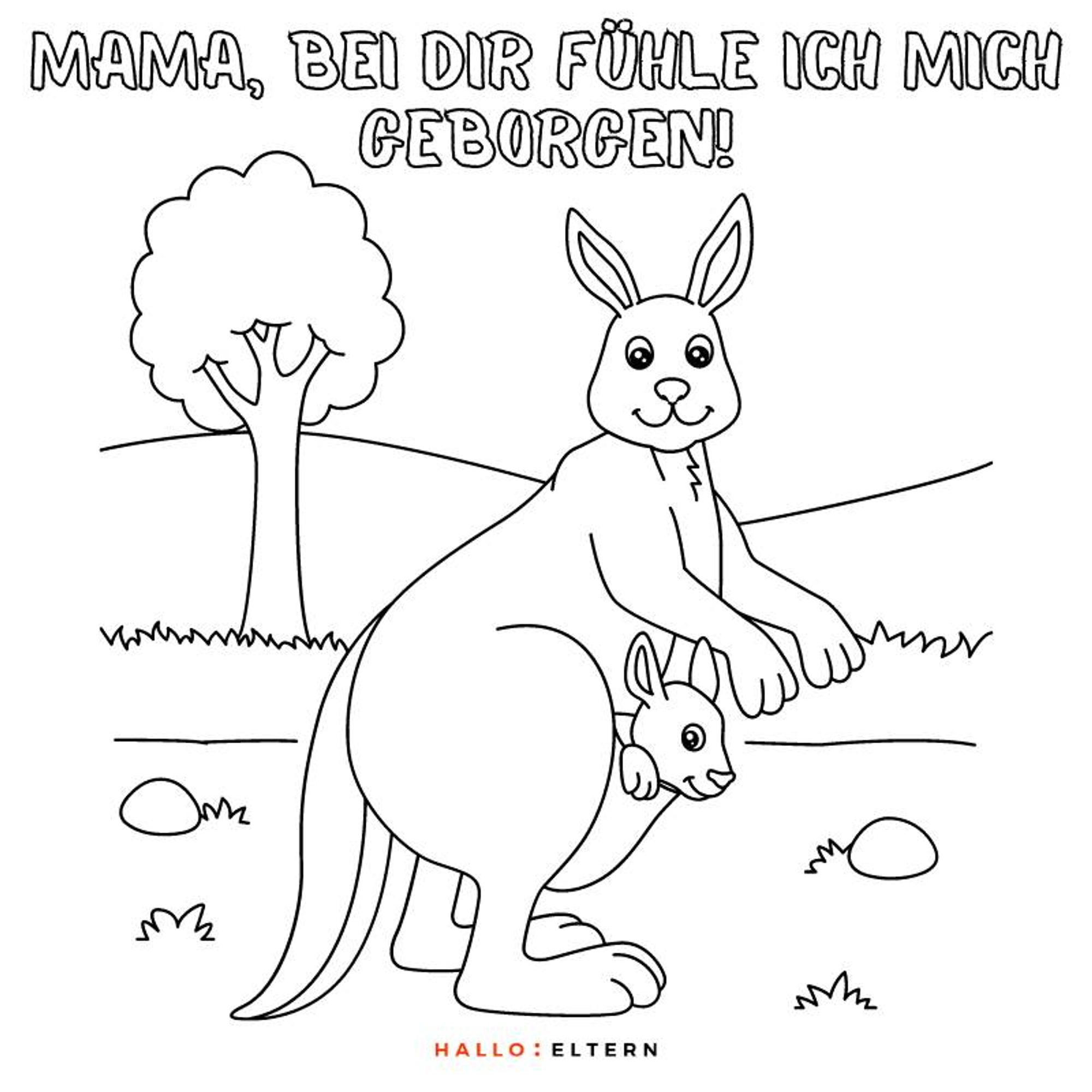 Ausmalbild zum Muttertag: Mama als Känguru